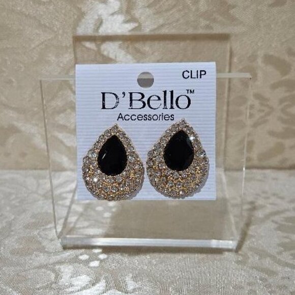 Vintage 80s Art Deco Gold Tear Drop Black Stone w Rhinestones Clip-On Earrings - Picture 1 of 3